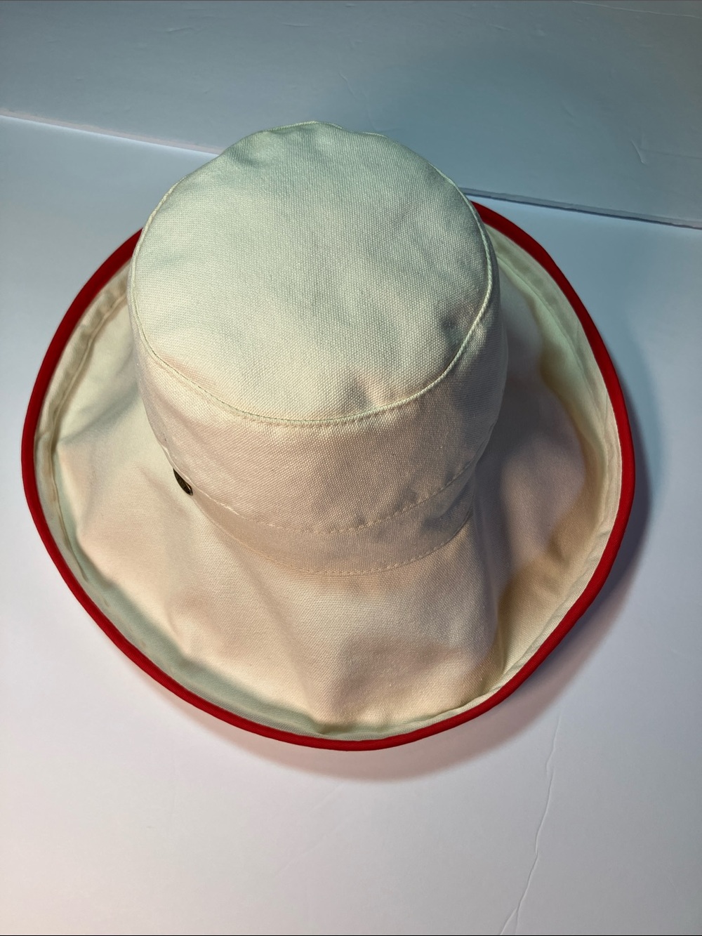 Scala Cream Canvas Bucket Hat with Red Trim